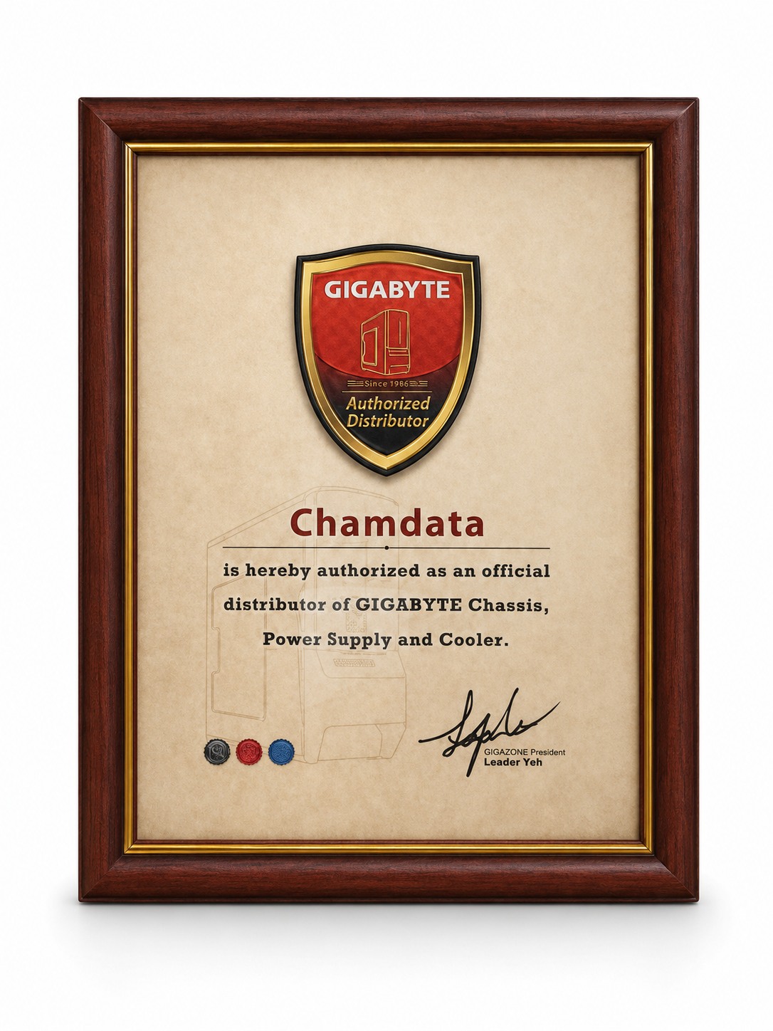 شهادة GIGABYTE موزع رسمي للصناديق ومزودات الطاقة والتبريد